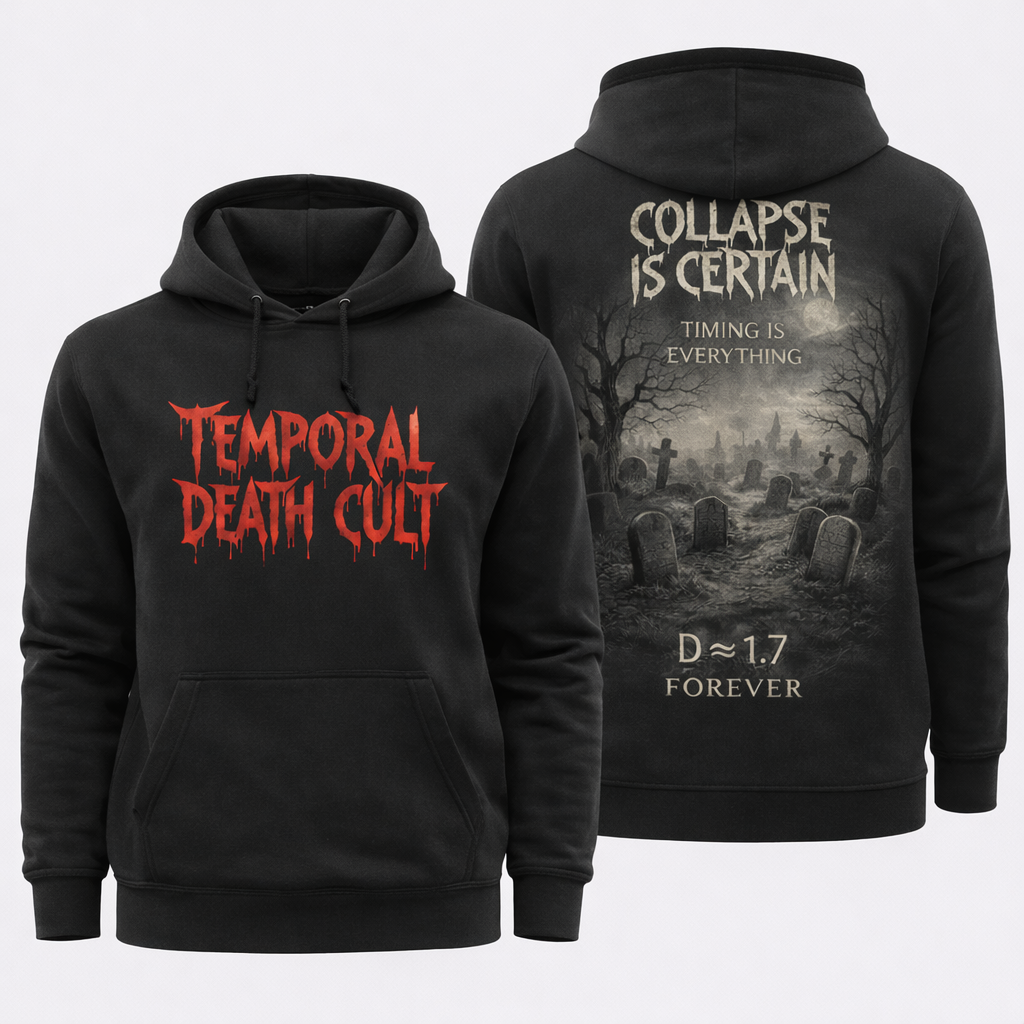 The Collapse Hoodie - heavyweight death cult hoodie with full back graveyard print and D ≈ 1.7 constant